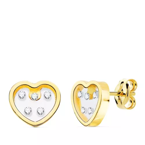 18K PENDIENTES ORO AMARILLO CORAZON AIRSHINE TRANSPARENTE Y CIRCONITA 8X7 MM CIERRE PRESION 0