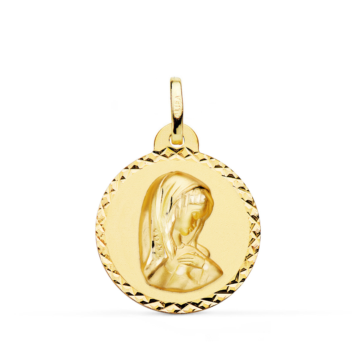 18K MEDALLA ORO AMARILLO VIRGEN NIÑA TALLA COLGANTE CRUZADA 22 MM 2