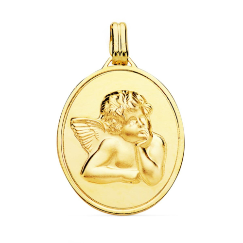 18K COLGANTE MEDALLA ORO AMARILLO ACABADO EN BRILLO Y ANGEL BURLON EN MATIZADO 24X18 MM 2