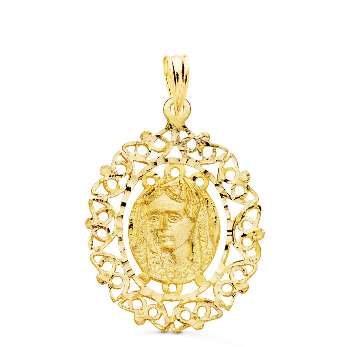 18K MEDALLA ORO AMARILLO VIRGEN DE LA MACARENA CERCO FILIGRANA 28X21 MM 2