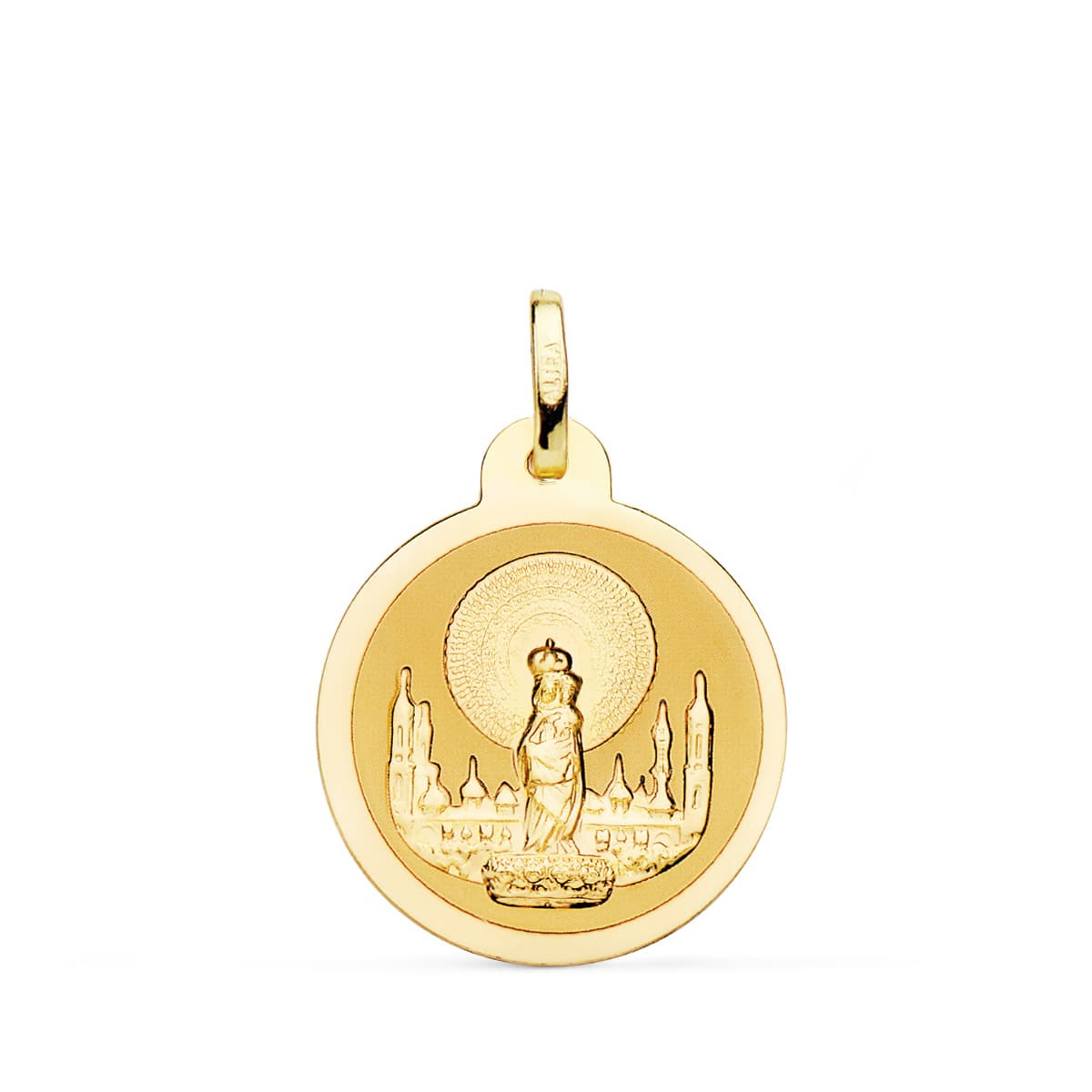 18K MEDALLA ORO AMARILLO VIRGEN PILAR EN BRILLO 20 MM 2