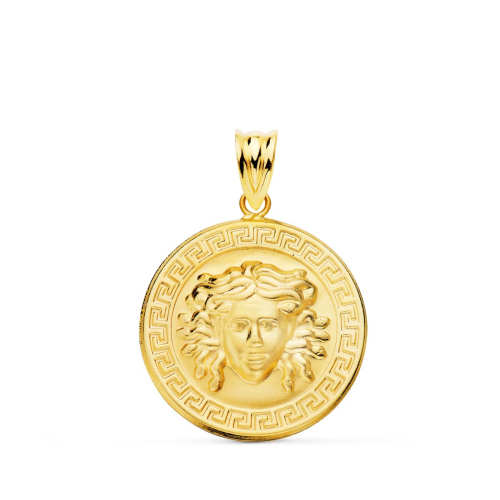 18K MEDALLA ORO AMARILLO MEDUSA CON BORDE DE GRECA MATIZADA 20 MM 2