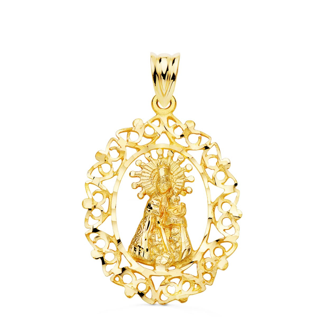 18K MEDALLA ORO AMARILLO VIRGEN DESAMPARADOS CERCO CALADO 28X21 MM 2