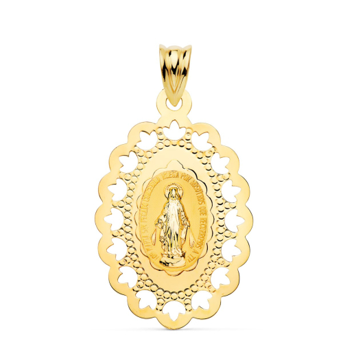 18K MEDALLA ORO AMARILLO VIRGEN MILAGROSA CERCO CALADO 34 X 22 MM 2