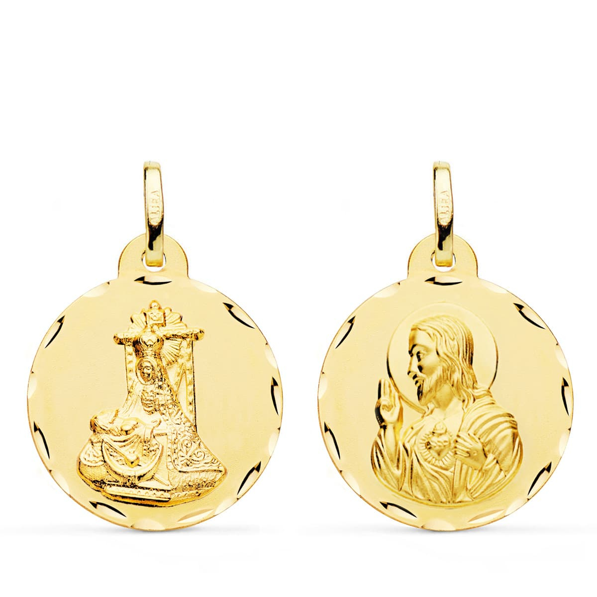 18K MEDALLA ORO AMARILLO ESCAPULARIO ORO AMARILLO VIRGEN DE LAS ANGUSTIAS Y CORAZON DE JESUS TALLADA 22 MM 2