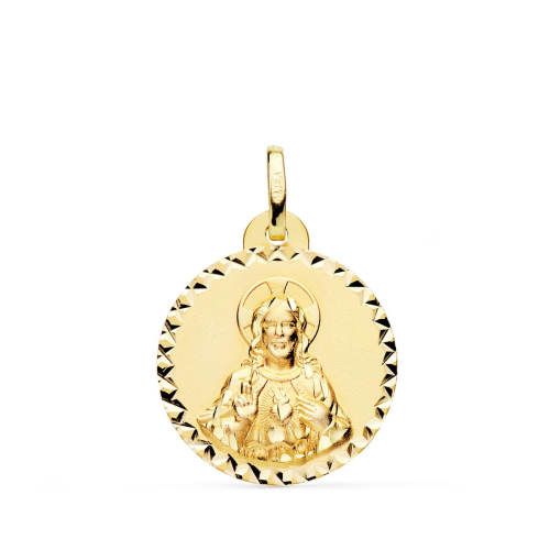 18K MEDALLA ORO AMARILLO CRISTO SAGRADO CORAZON JESUS BRILLO TALLA CRUZADA 20 MM 2