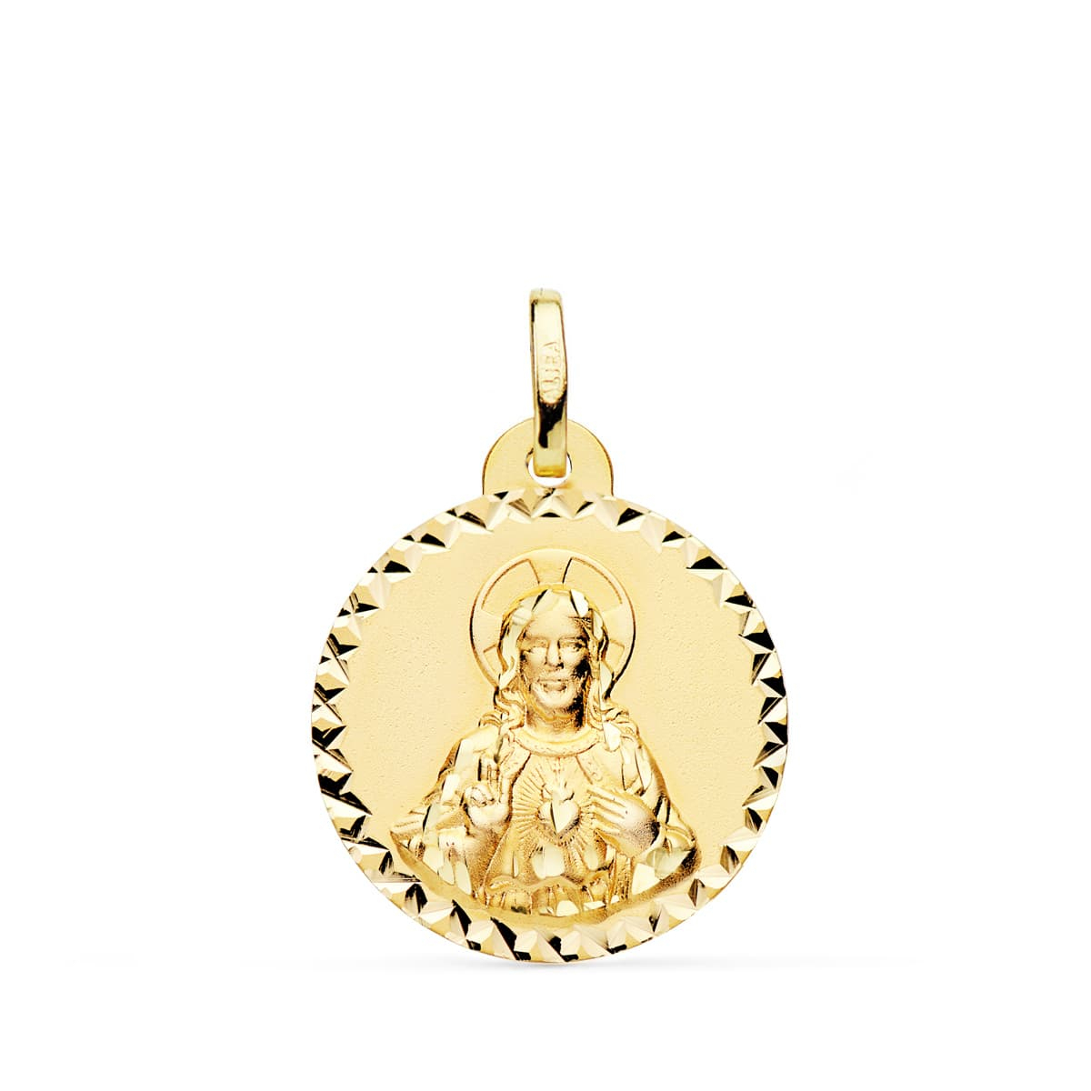 18K MEDALLA ORO AMARILLO CRISTO SAGRADO CORAZON JESUS BRILLO TALLA CRUZADA 20 MM 2