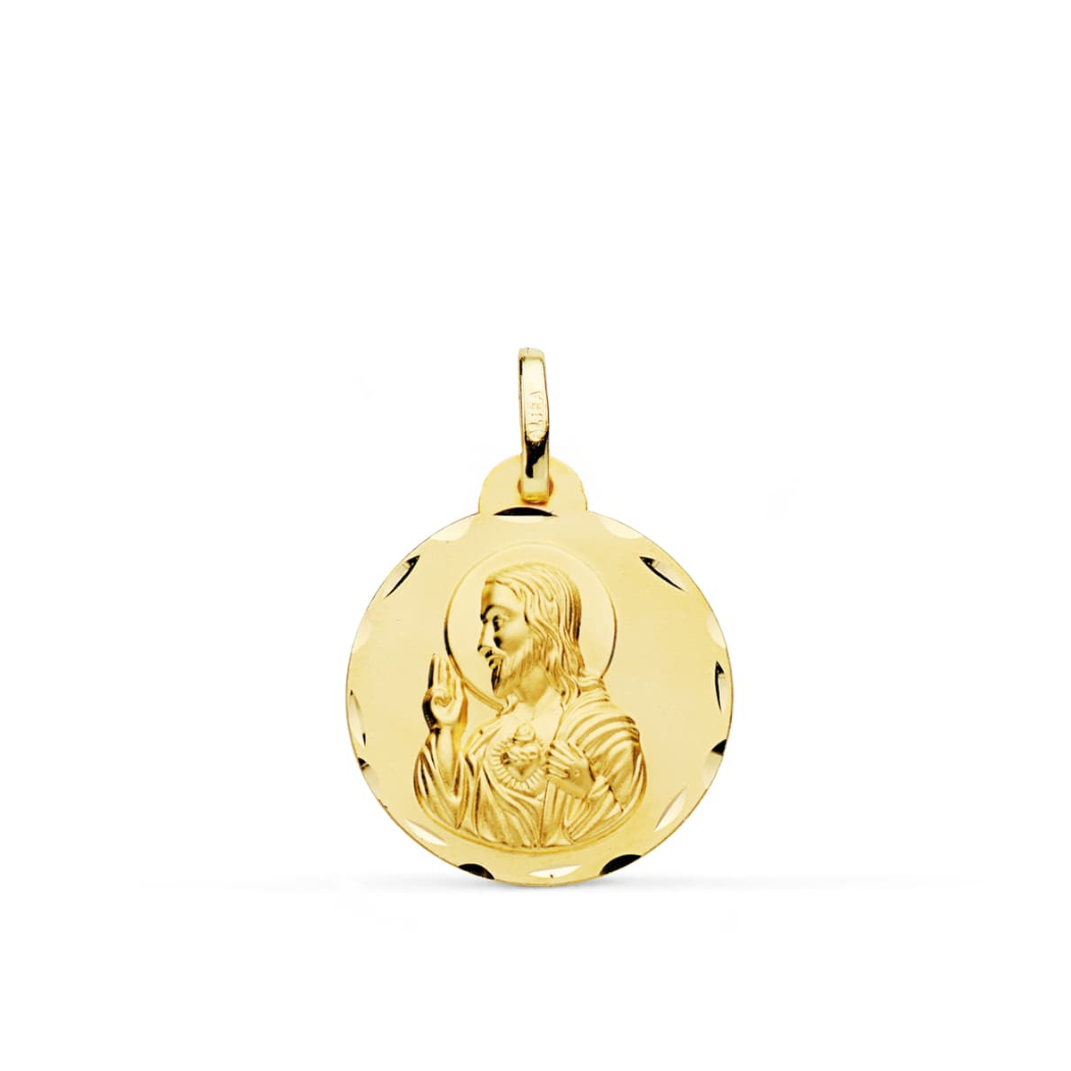 18K MEDALLA ORO AMARILLO CRISTO SAGRADO CORAZON DE JESUS TALLADA 20 MM 2