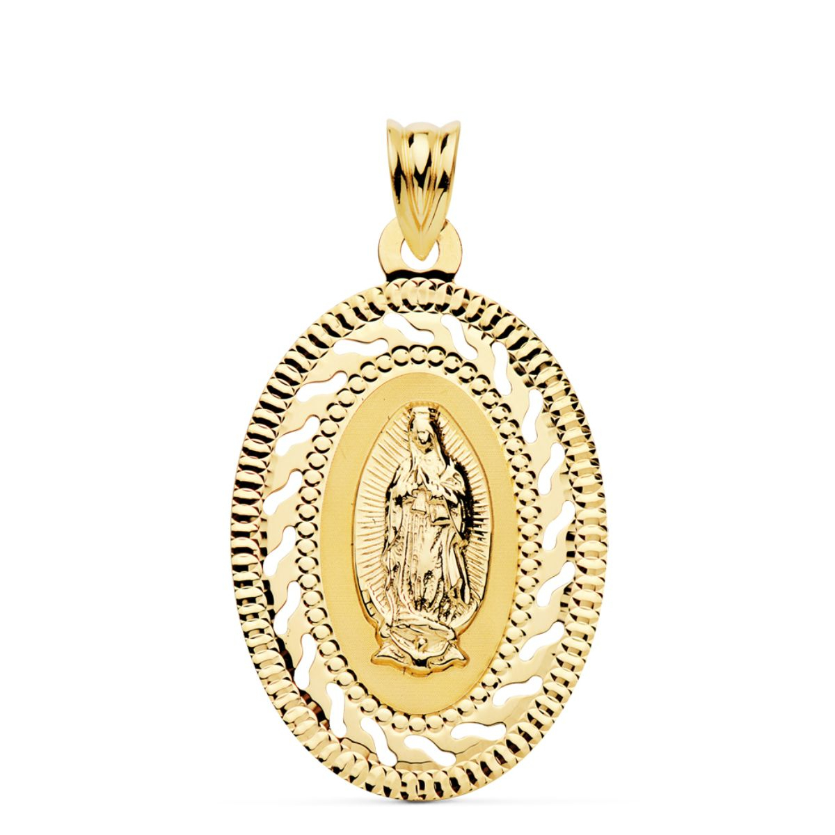 18K MEDALLA ORO AMARILLO VIRGEN GUADALUPE CERCO CALADO Y TALLADO. 34 X 22 MM 3
