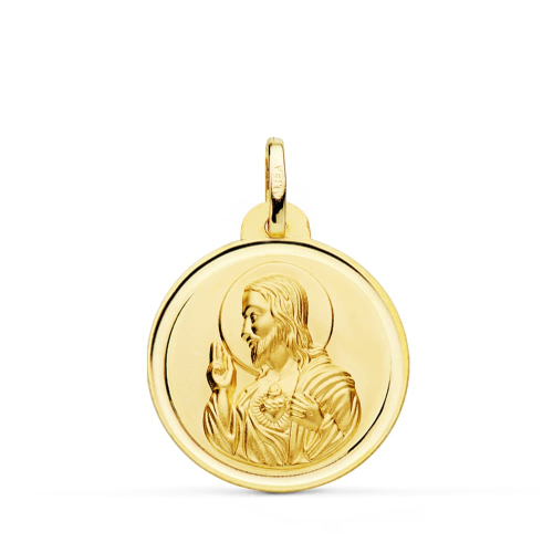 18K MEDALLA ORO AMARILLO CRISTO SAGRADO CORAZON DE JESUS BISEL 22 MM 3