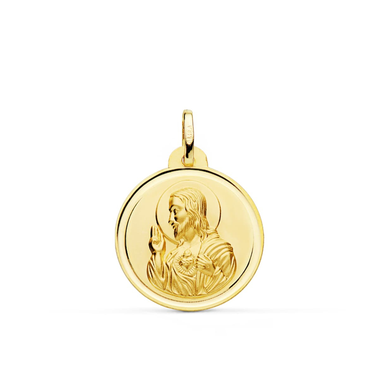 18K MEDALLA ORO AMARILLO CRISTO SAGRADO CORAZON DE JESUS BISEL 22 MM 3
