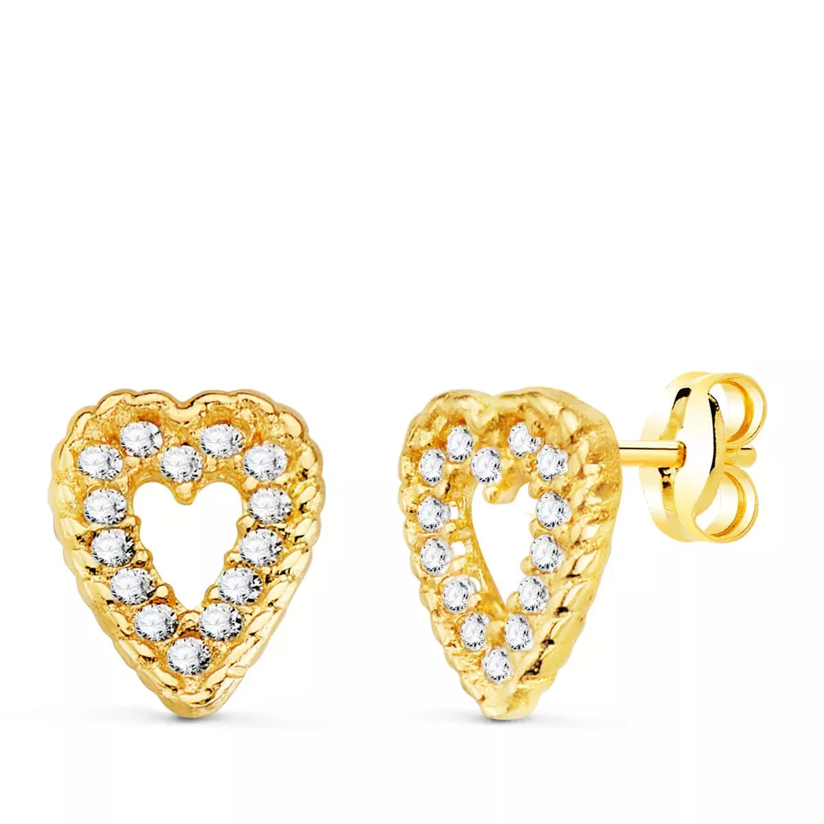 18K PENDIENTES ORO AMARILLO CORAZON 9X7 MM 28 CIRCONITA PRESION 1