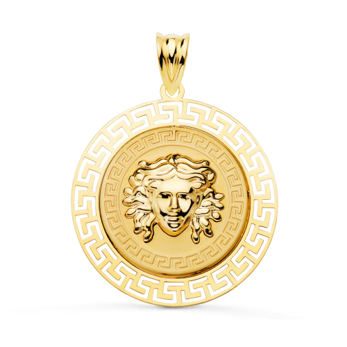 18K MEDALLA ORO AMARILLO MEDUSA CON BORDE CALADA Y GRECA MATIZADA 27 MM 3
