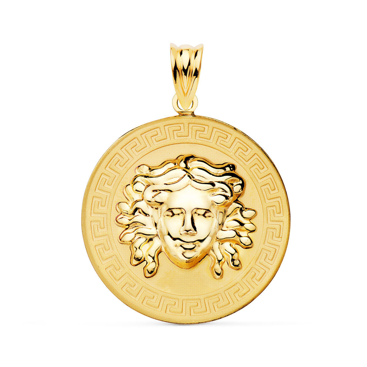 18K MEDALLA ORO AMARILLO MEDUSA EN BRILLO CON BORDE DE GRECA MATIZADA 25 MM 3