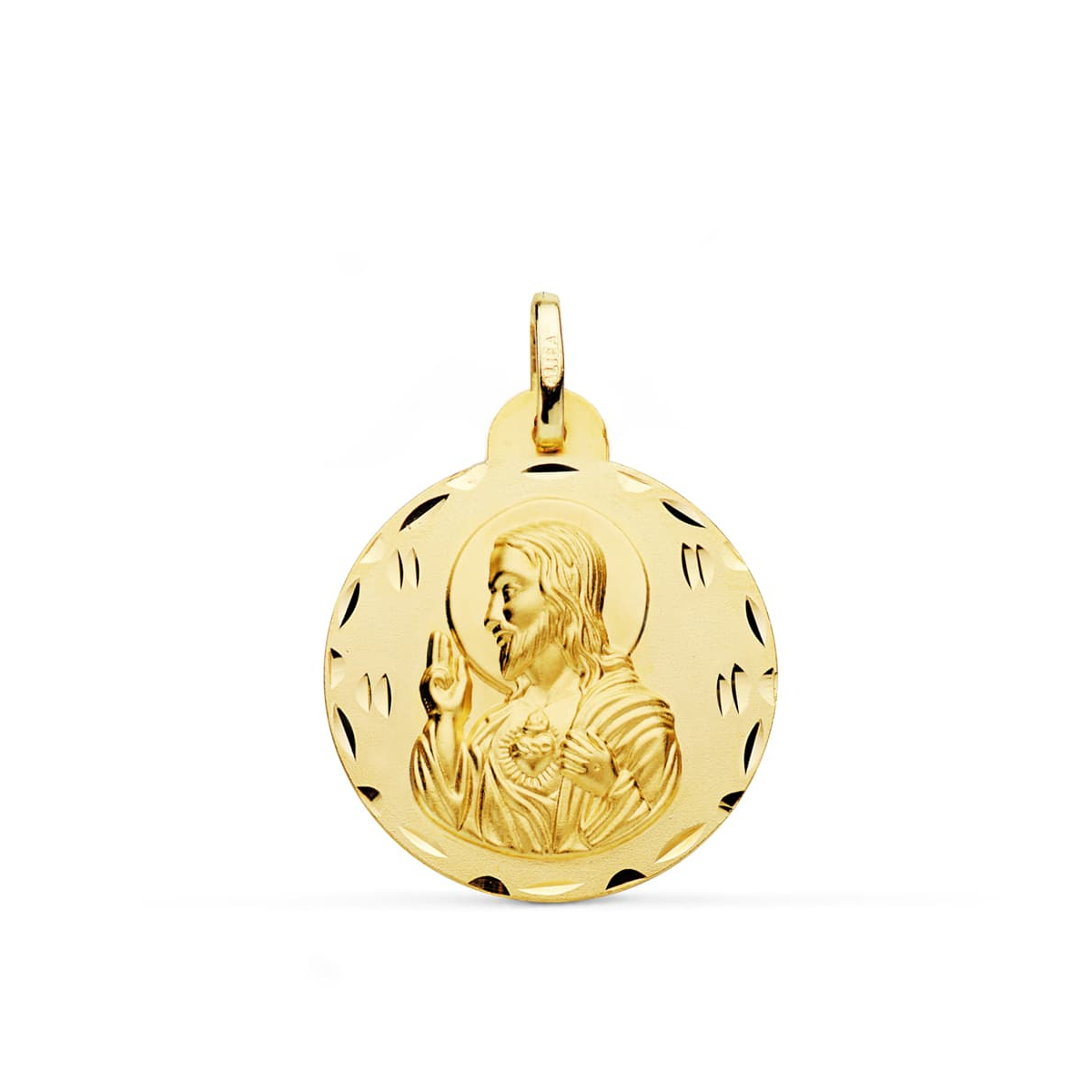 18K MEDALLA ORO AMARILLO CRISTO SAGRADO CORAZON DE JESUS TALLADA 24 MM 4