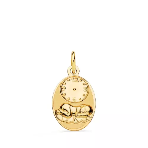 9K MEDALLA ORO AMARILLO OVAL NIÑO DE LA HORA CON RELOJ BRILLO Y MATE 19X12 MM 0,96gr