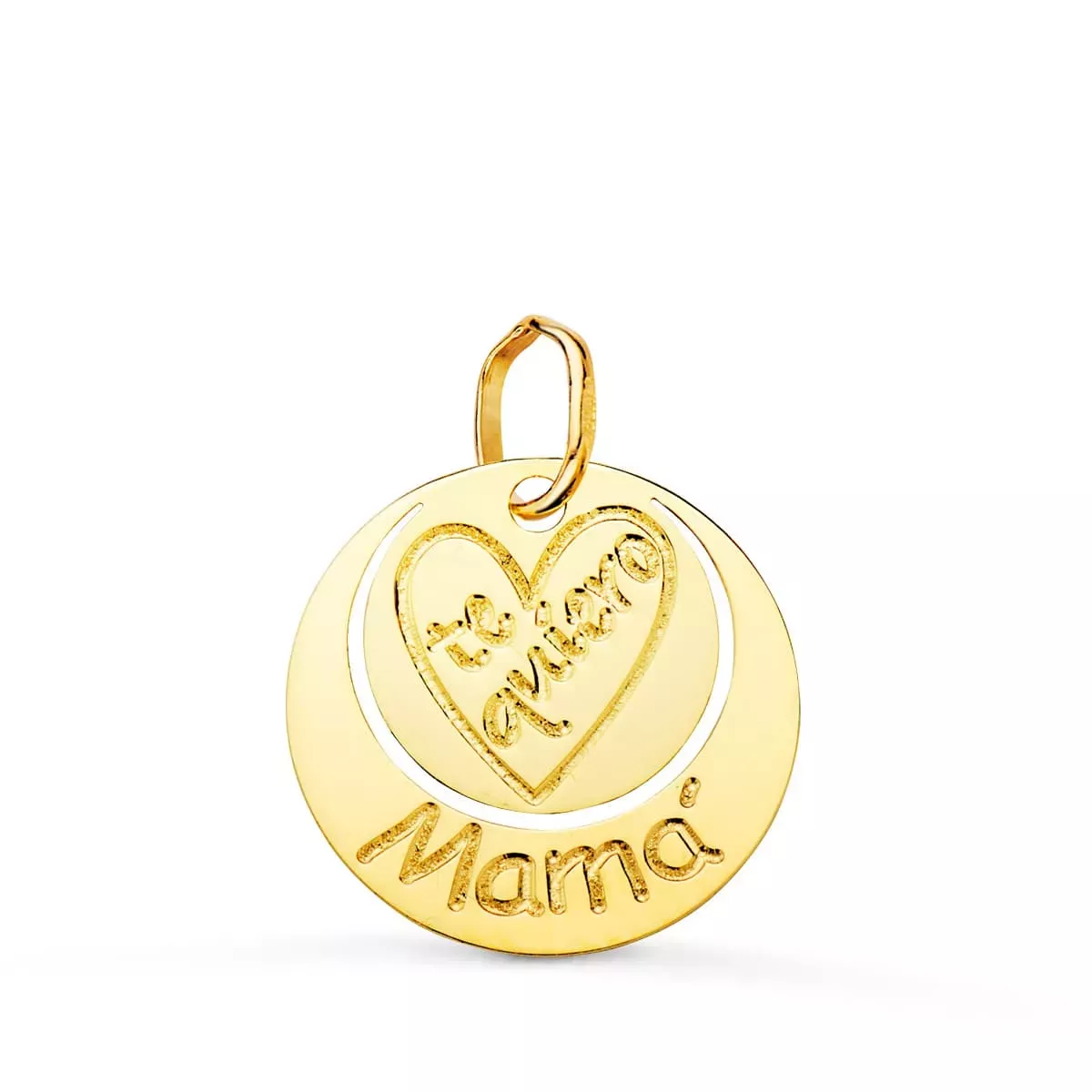 18K COLGANTE ORO AMARILLO REDONDO TE QUIERO MAMA CORAZON GRABADO. 14 MM 0