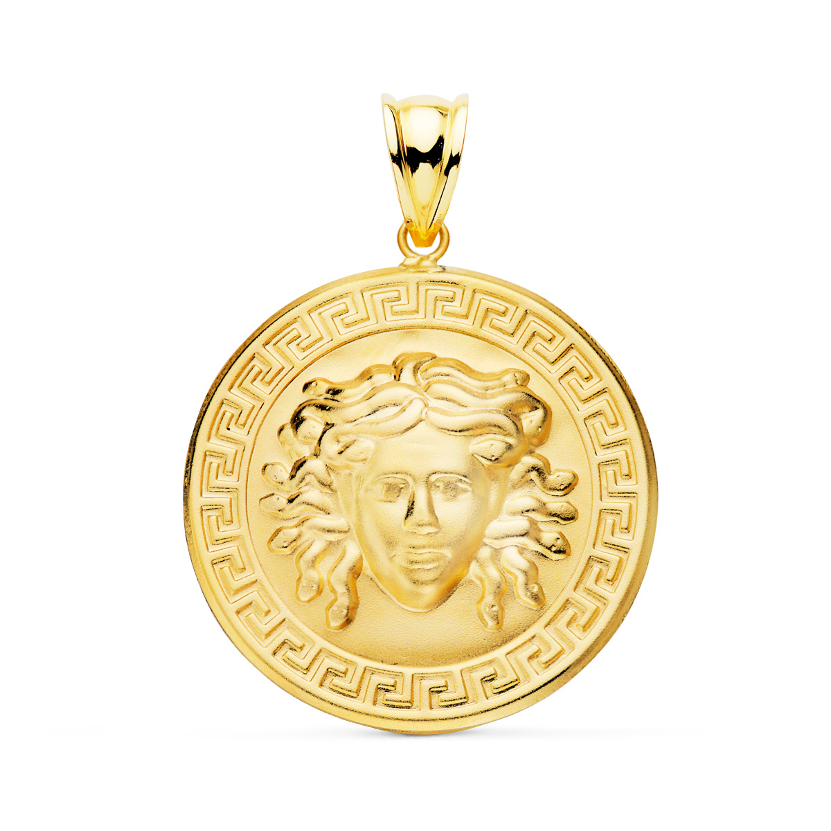 18K MEDALLA ORO AMARILLO MEDUSA CON BORDE DE GRECA MATIZADA 25 MM 4