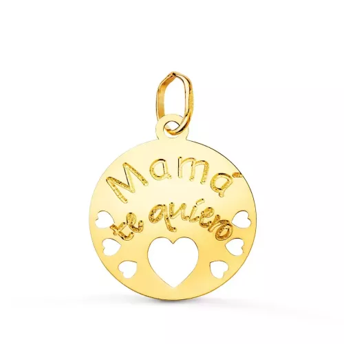 18K COLGANTE ORO AMARILLO REDONDO MAMA TE QUIERO CON CORAZONE CALADOS 15 MM 0