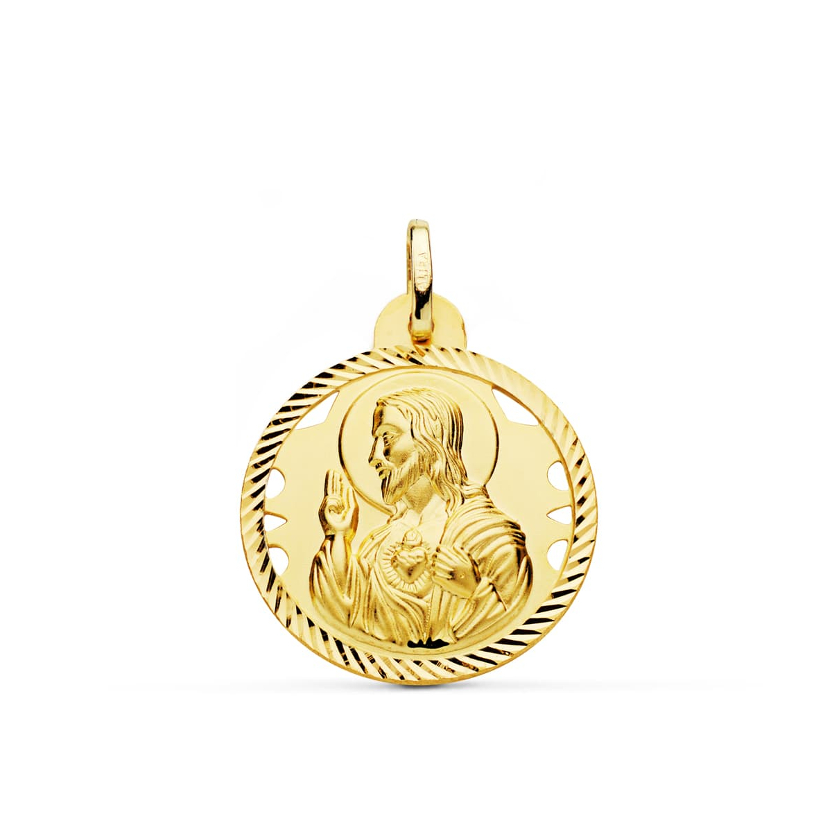 18K MEDALLA ORO AMARILLO CRISTO SAGRADO CORAZON DE JESUS HELICE CALADA 24 MM 4