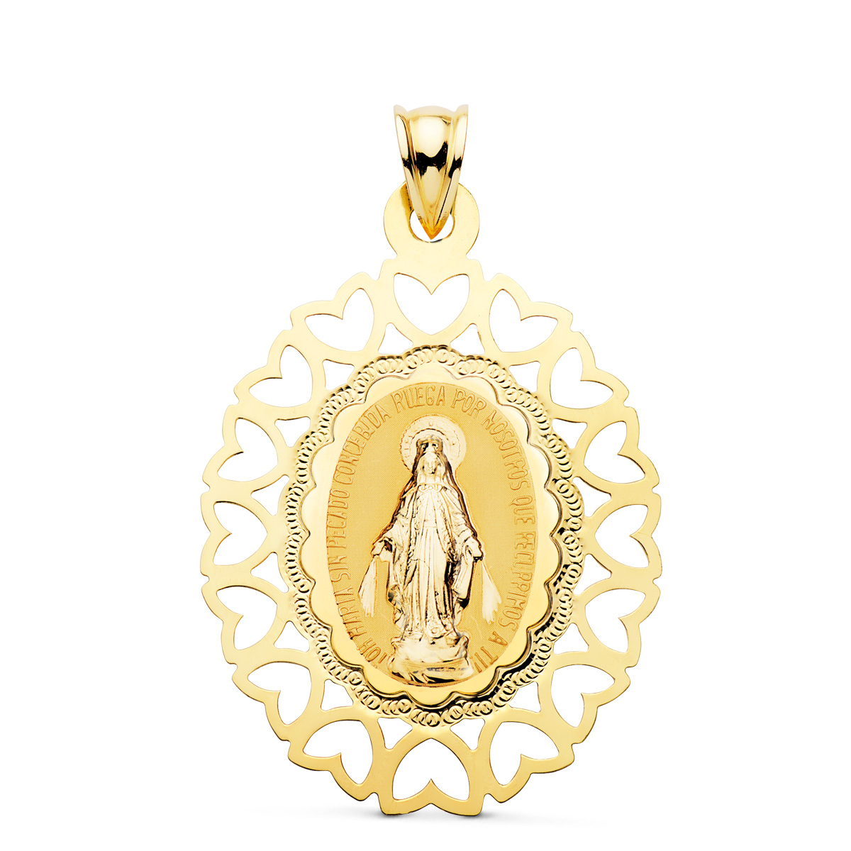 18K MEDALLA ORO AMARILLO VIRGEN MILAGROSA OVAL CERCO CORAZONES. 40 X 33 MM 4