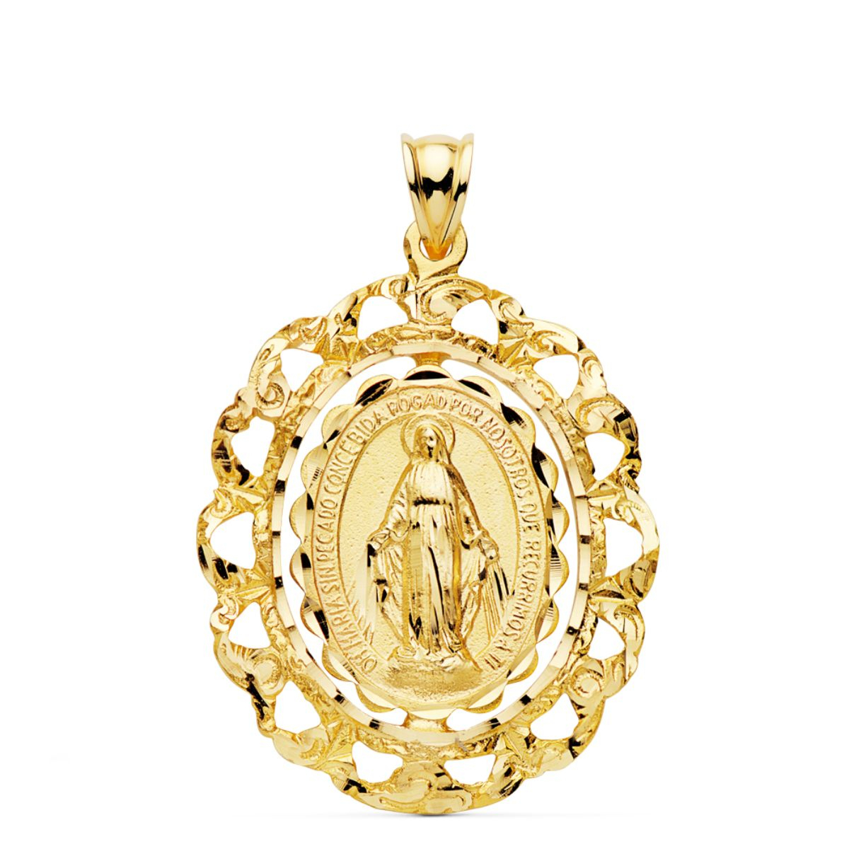 18K MEDALLA ORO AMARILLO VIRGEN MILAGROSA CERCO FILIGRANA TALLADO 30X25 MM 4