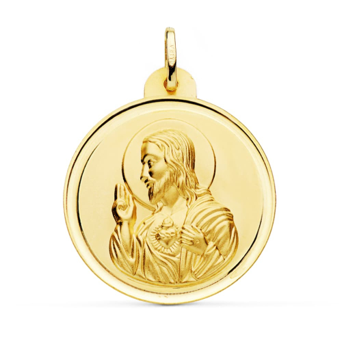 18K MEDALLA ORO AMARILLO CRISTO SAGRADO CORAZON DE JESUS BISEL 30 MM 5