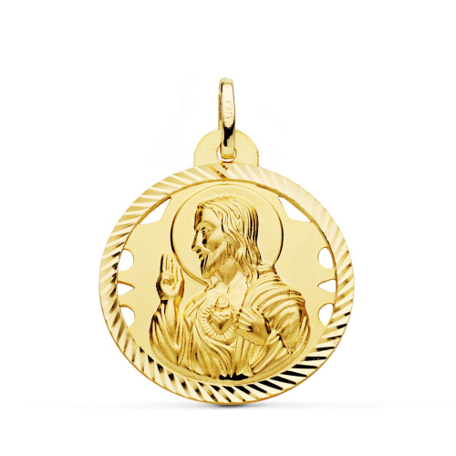 18K MEDALLA ORO AMARILLO CRISTO SAGRADO CORAZON DE JESUS HELICE CALADA 26 MM 5
