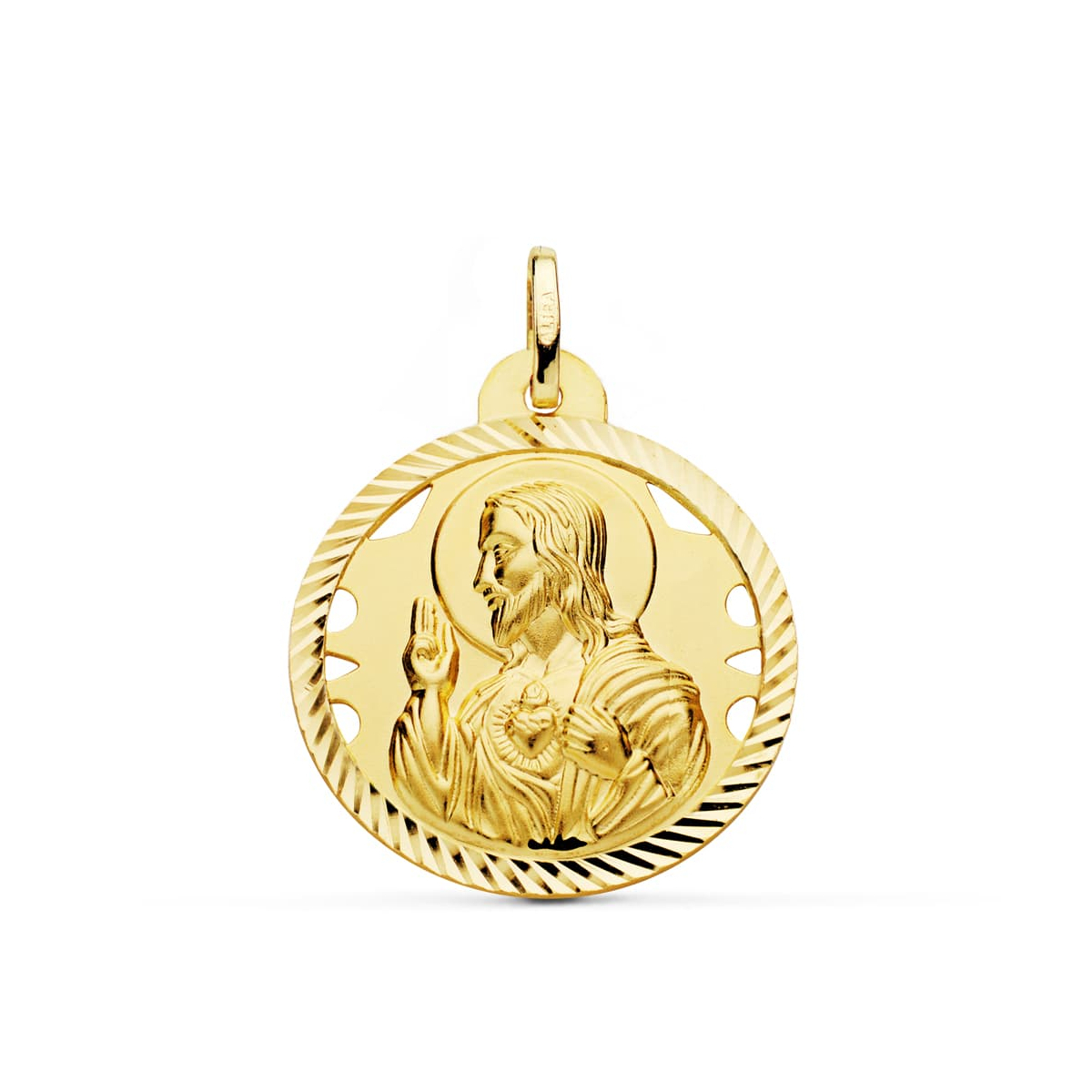18K MEDALLA ORO AMARILLO CRISTO SAGRADO CORAZON DE JESUS HELICE CALADA 26 MM 5