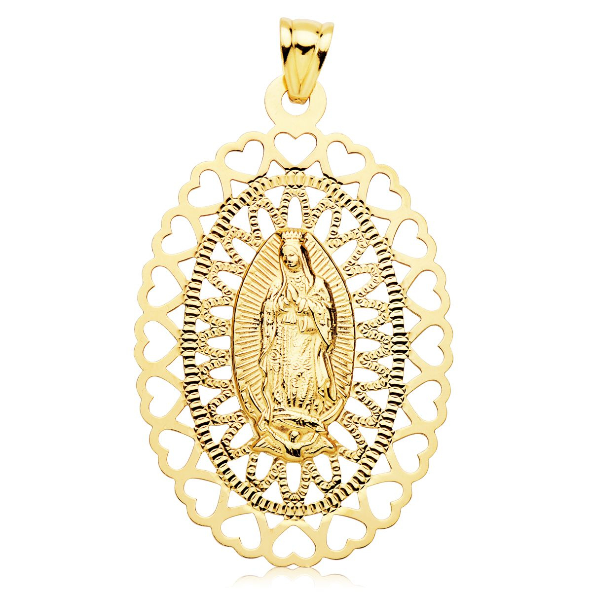 18K MEDALLA ORO AMARILLO VIRGEN DE GUADALUPE OVAL 50X35 MM CERCO CORAZONES 6