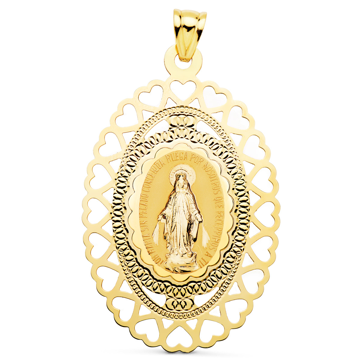 18K MEDALLA ORO AMARILLO VIRGEN MILAGROSA OVAL CERCO CORAZONES. 50 X 35 MM 6