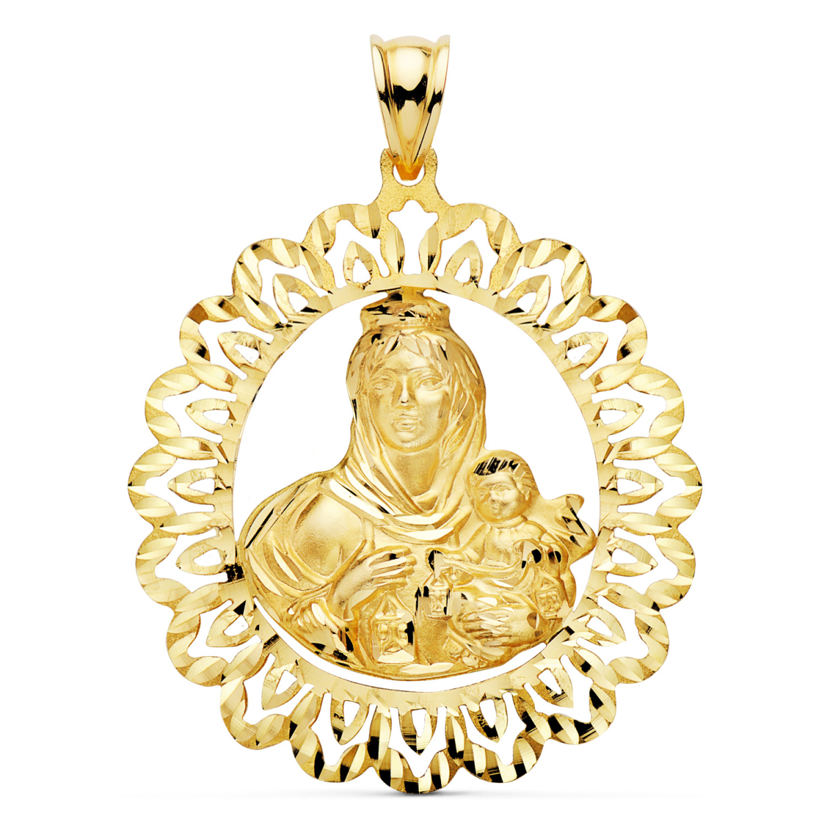 18K MEDALLA ORO AMARILLO VIRGEN DEL CARMEN CERCO TALLADO 41X35 MM 6