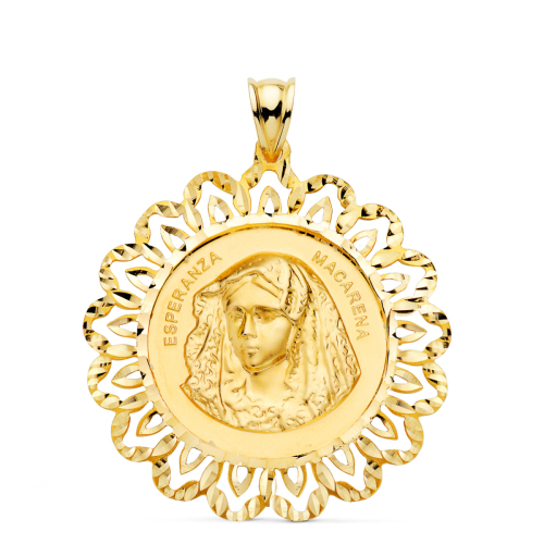 18K MEDALLA ORO AMARILLO VIRGEN MACARENA CERCO TALLADO 34 x 34 MM 6