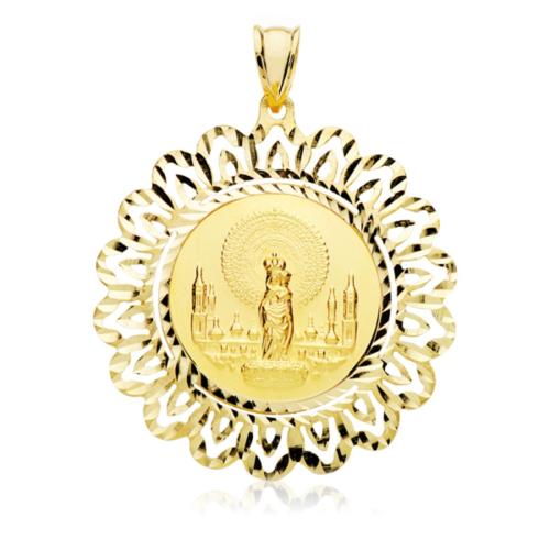 18K MEDALLA ORO AMARILLO VIRGEN DEL PILAR REDONDA 22 MM CON CERCO TALLADO 40X40 MM 6