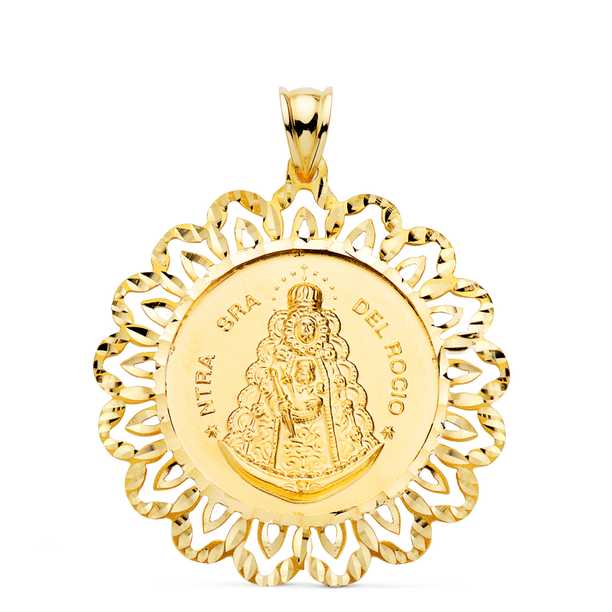 18K MEDALLA ORO AMARILLO VIRGEN ROCIO CERCO TALLADO 34 x 34 MM 6