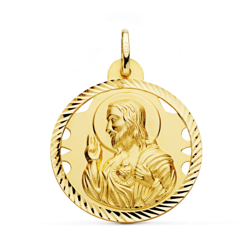 18K MEDALLA ORO AMARILLO CRISTO SAGRADO CORAZON DE JESUS CALADO CERCO HELICE TALLADO 28 MM 7