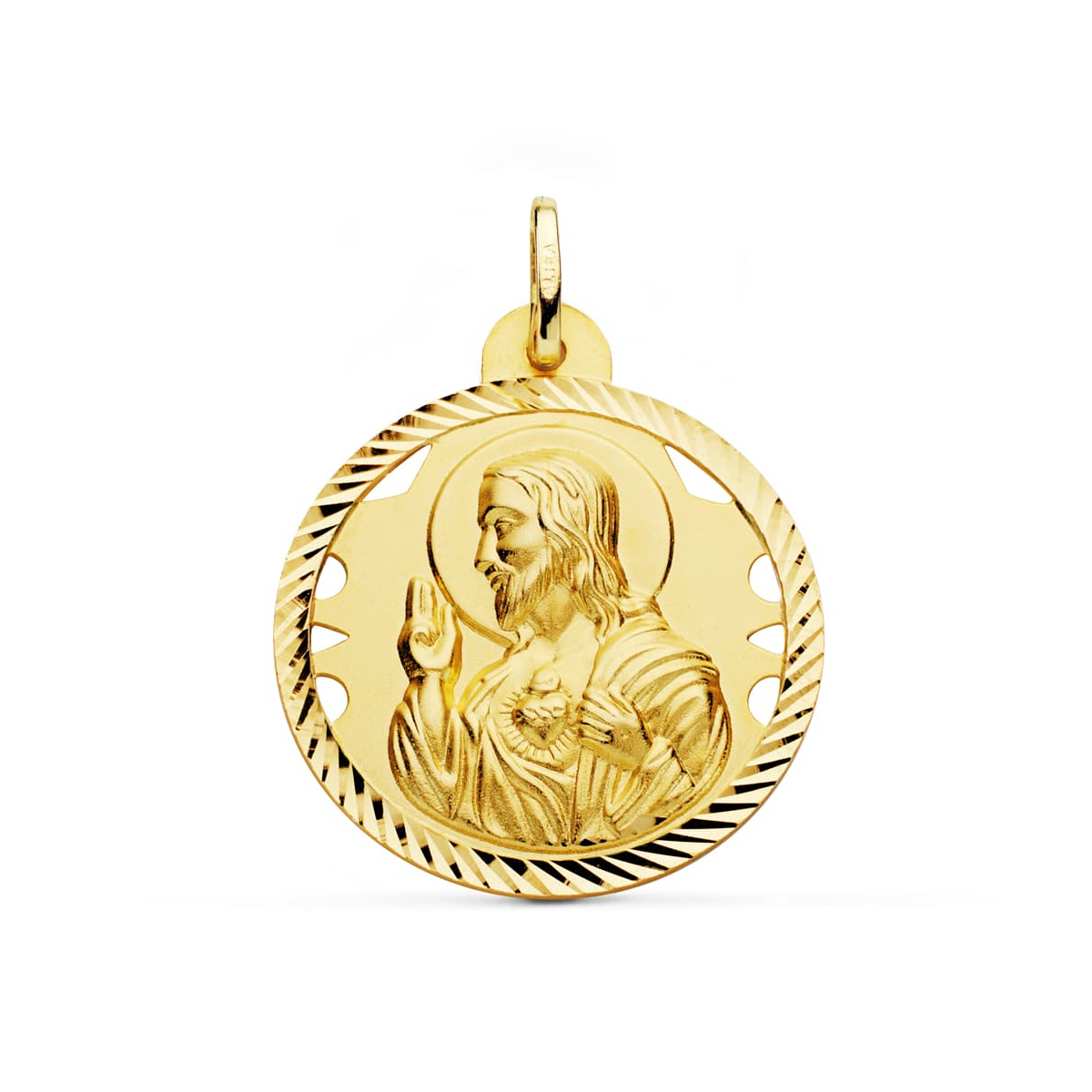 18K MEDALLA ORO AMARILLO CRISTO SAGRADO CORAZON DE JESUS CALADO CERCO HELICE TALLADO 28 MM 7