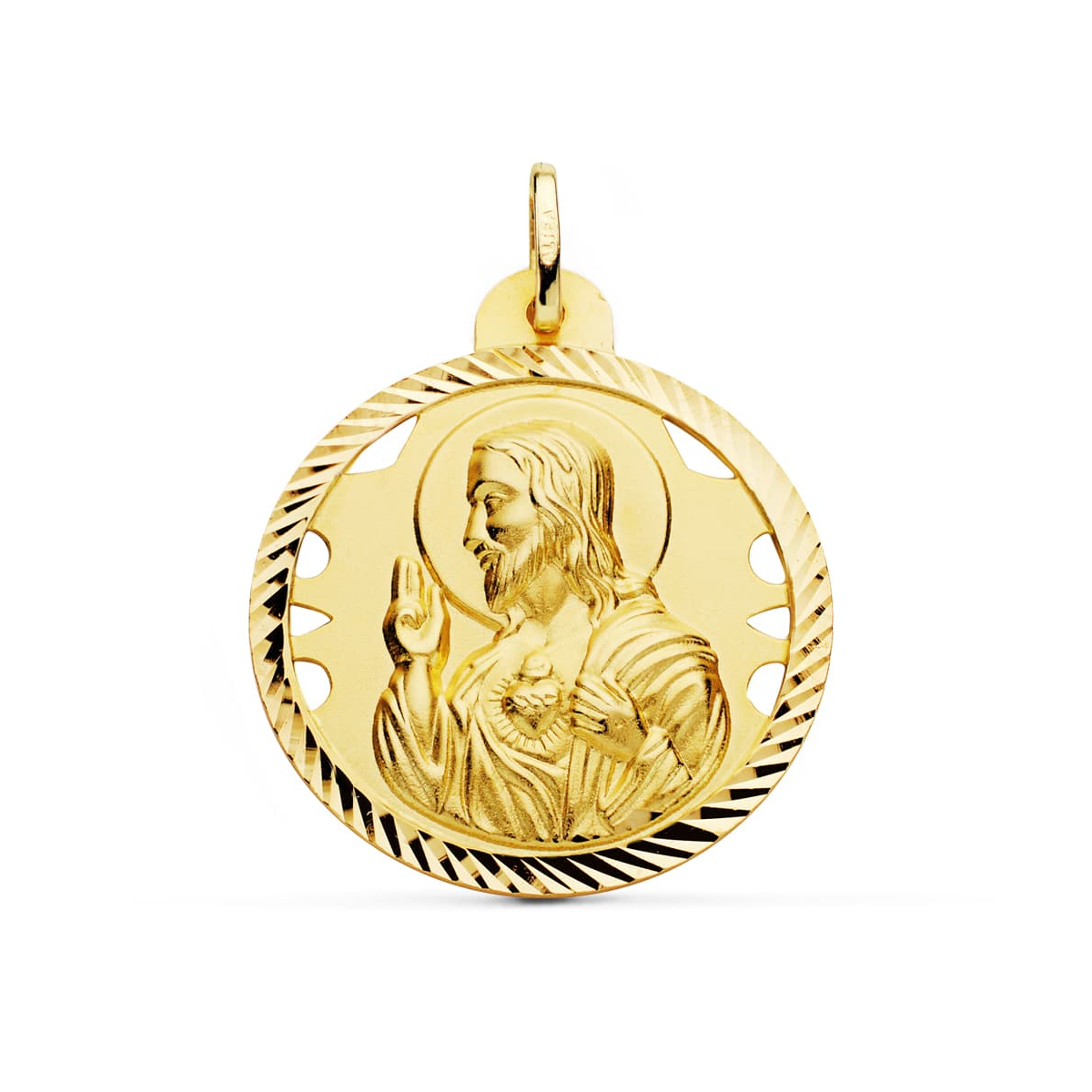 18K MEDALLA ORO AMARILLO CRISTO SAGRADO CORAZON DE JESUS CALADO CERCO HELICE TALLADO 30 MM 7