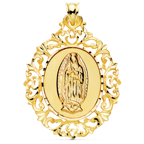 18K MEDALLA ORO AMARILLO VIRGEN GUADALUPE ORLA DE FILIGRANA 51X40 MM 10