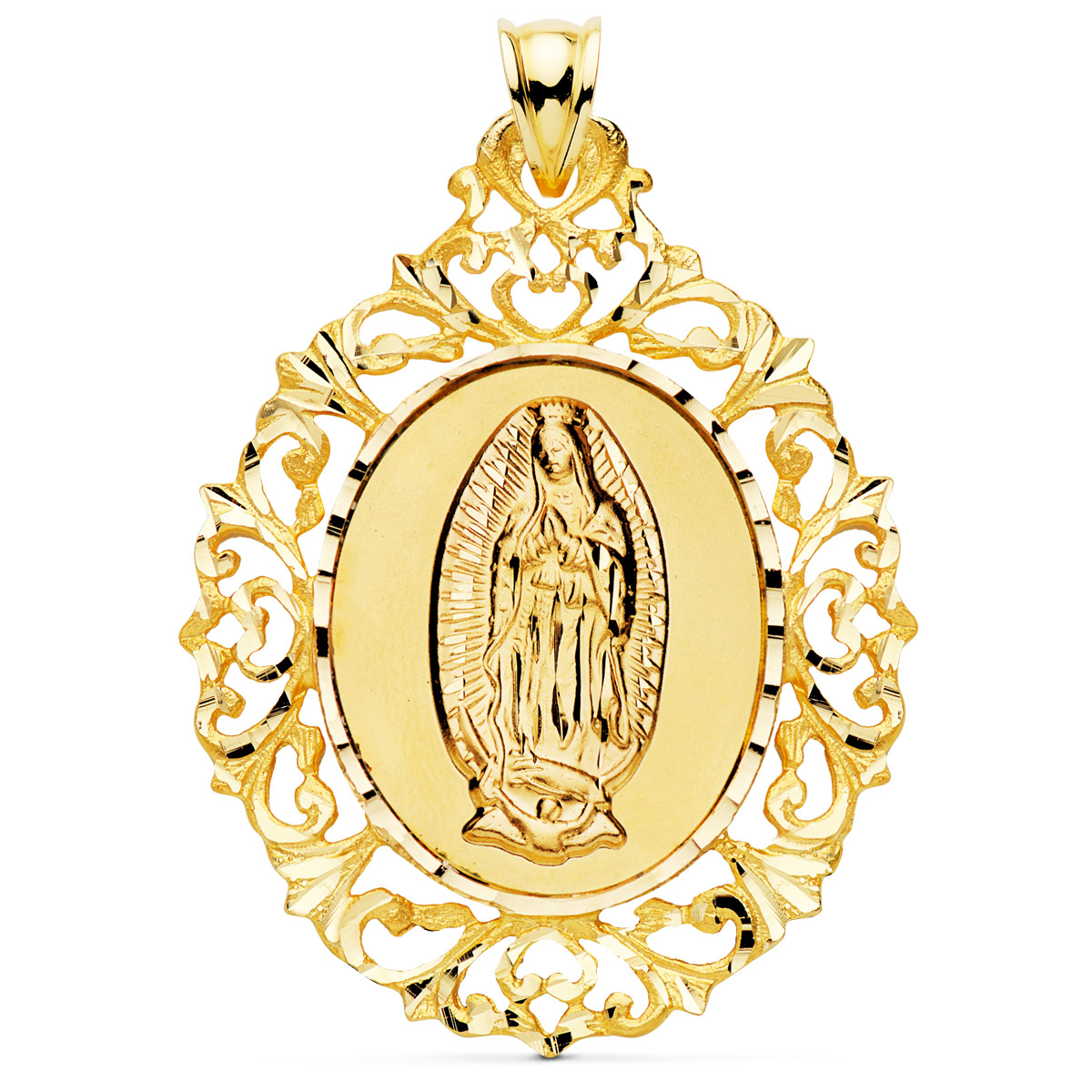 18K MEDALLA ORO AMARILLO VIRGEN GUADALUPE ORLA DE FILIGRANA 51X40 MM 10
