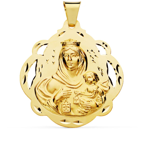 18K MEDALLA ORO AMARILLO VIRGEN DEL CARMEN PANDERETA CALADA 42 MM 12