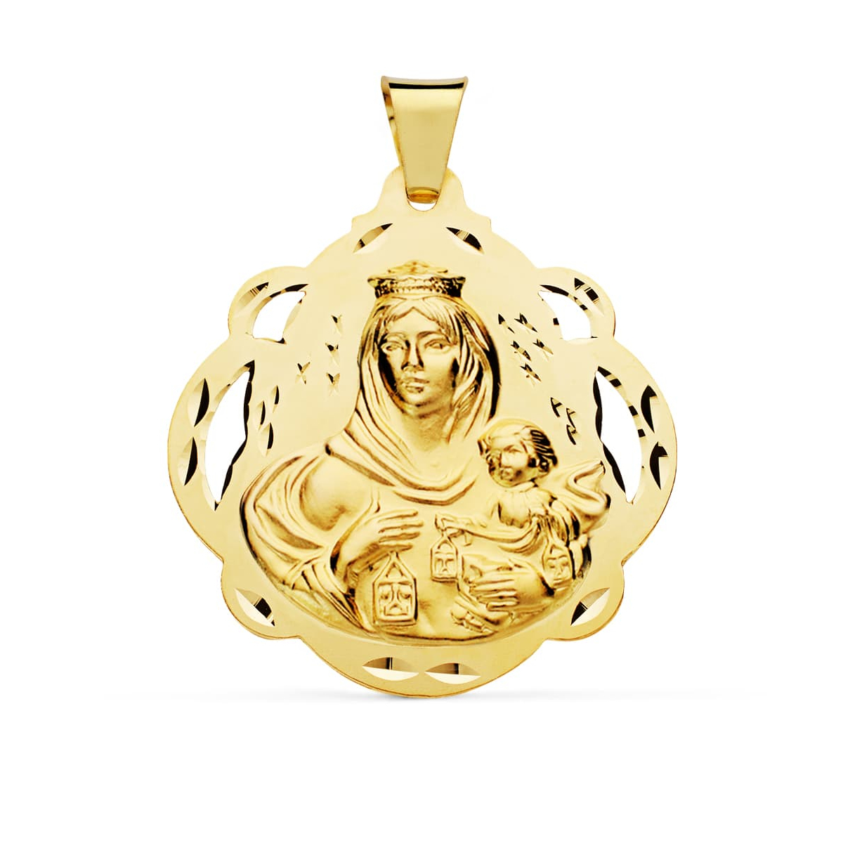 18K MEDALLA ORO AMARILLO VIRGEN DEL CARMEN PANDERETA CALADA 42 MM 12