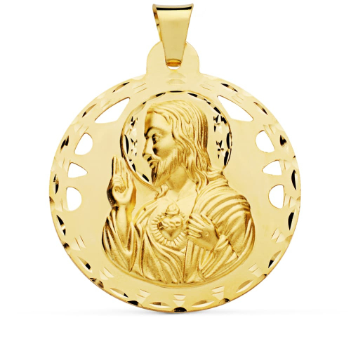 18K MEDALLA ORO AMARILLO CRISTO SAGRADO CORAZON DE JESUS CALADO Y TALLADO 42 MM 12
