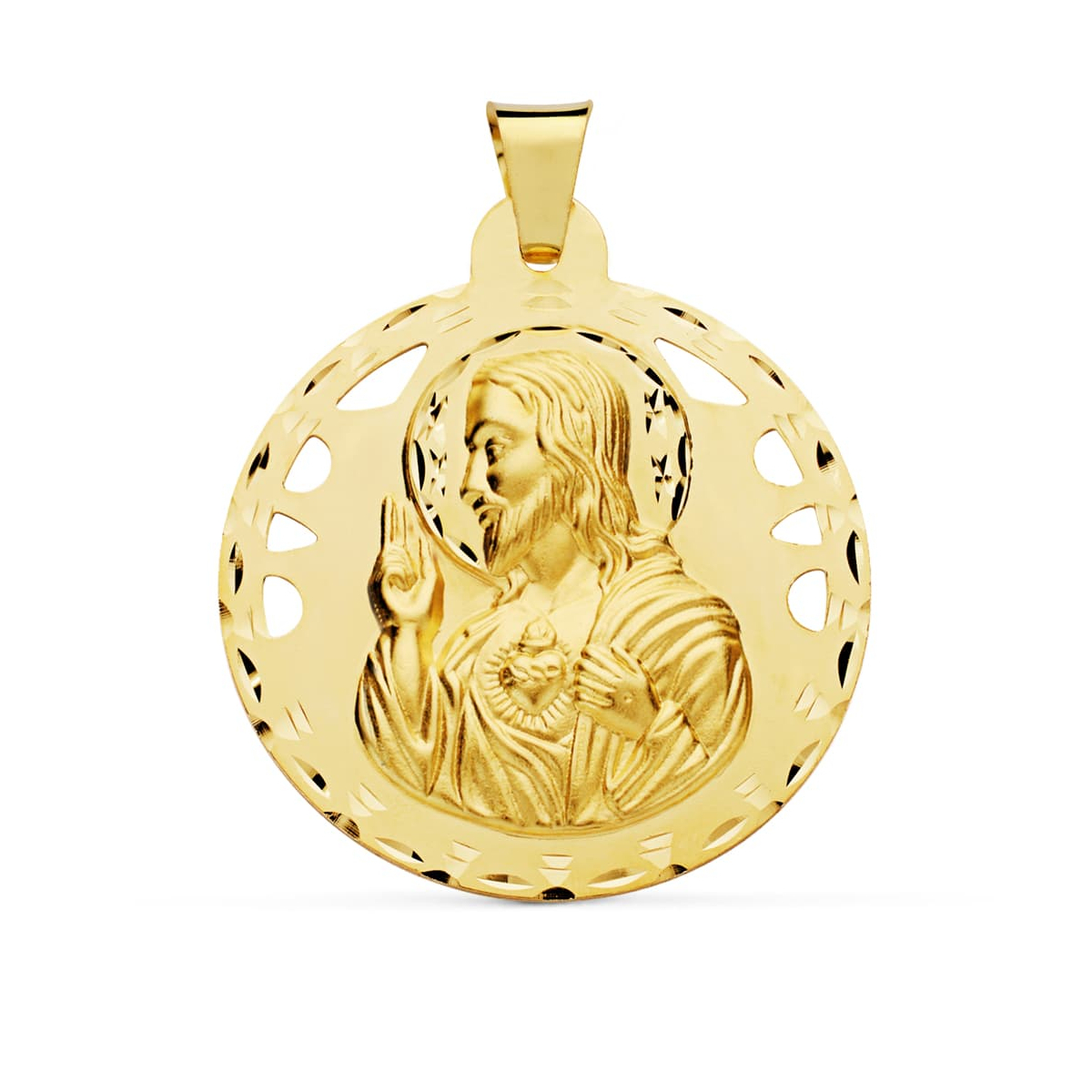 18K MEDALLA ORO AMARILLO CRISTO SAGRADO CORAZON DE JESUS CALADO Y TALLADO 42 MM 12