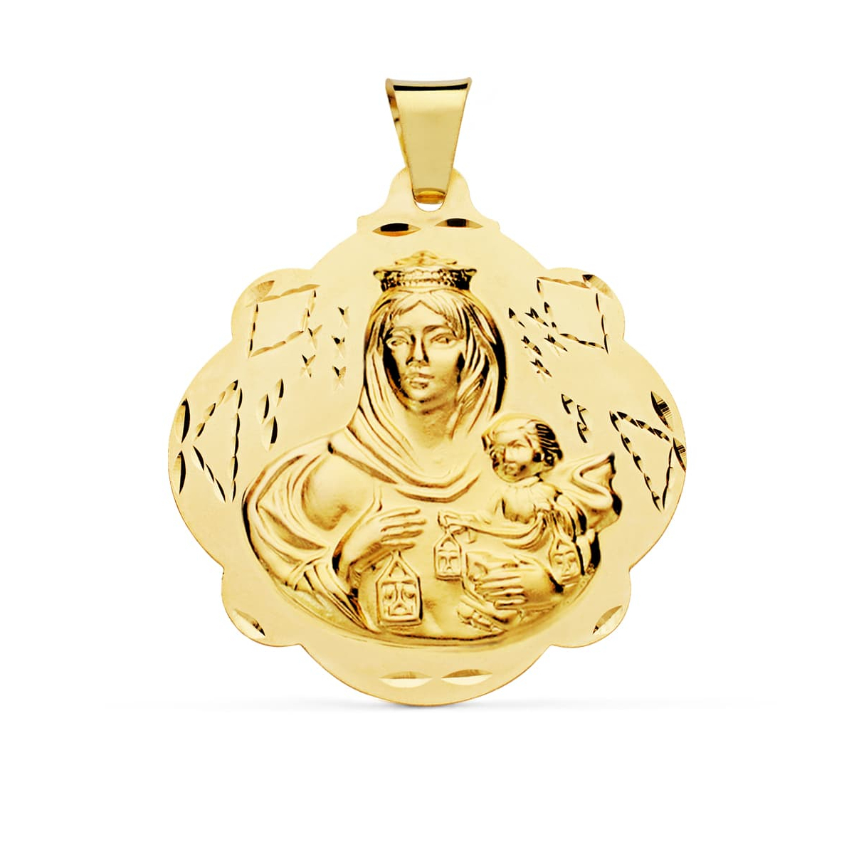 18K MEDALLA ORO AMARILLO VIRGEN DEL CARMEN PANDERETA 42 MM 12