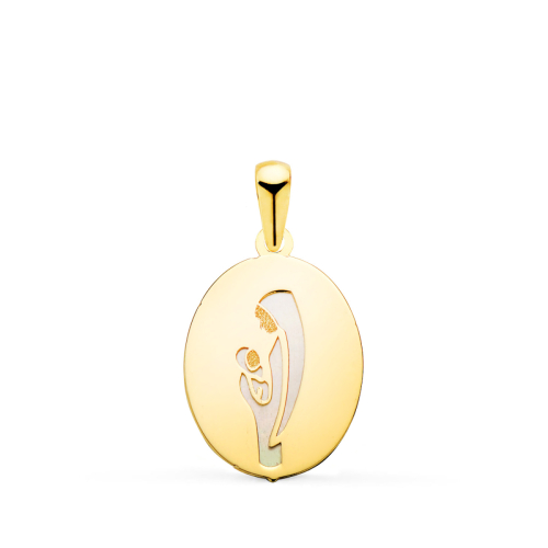 18K MEDALLA ORO AMARILLO VIRGEN MADRE OVAL CON NACAR BLANCO EN BRILLO. MEDIDA: 15X12 MM 0