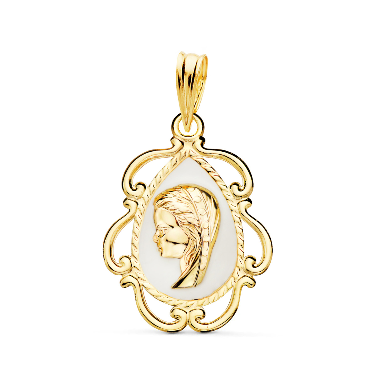 18K MEDALLA ORO AMARILLO VIRGEN NIÑA ESMALTE BLANCO Y CERCO CALADO EN BRILLO 22X16 MM 0