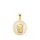 18K MEDALLA ORO AMARILLO REDONDA CON NACAR BLANCO Y VIRGEN NIÑA. 15 MM 1