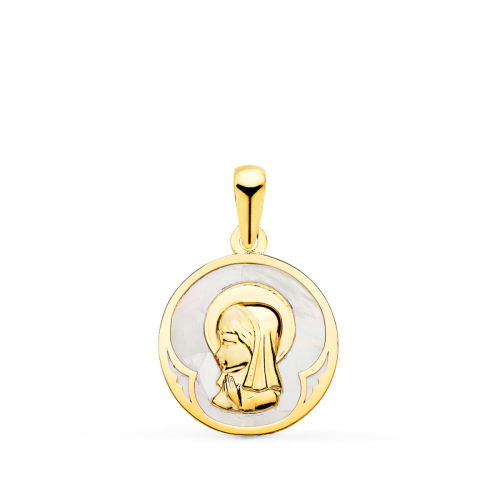 18K MEDALLA ORO AMARILLO REDONDA CON NACAR BLANCO Y VIRGEN NIÑA. 15 MM 1