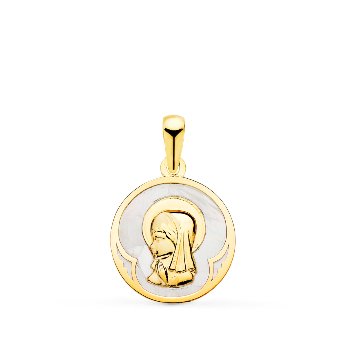 18K MEDALLA ORO AMARILLO REDONDA CON NACAR BLANCO Y VIRGEN NIÑA. 15 MM 1
